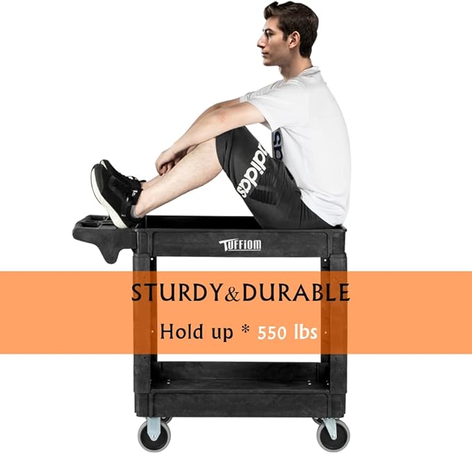 TUFFIOM Plastic Service Utility Cart with Wheels, 550lbs Capacity Heavy Duty Tub Storage Cart W/Deep Shelves, Multipurpose Rolling 2-Tier Mobile Storage Organizer, for Warehouse Garage Industrial