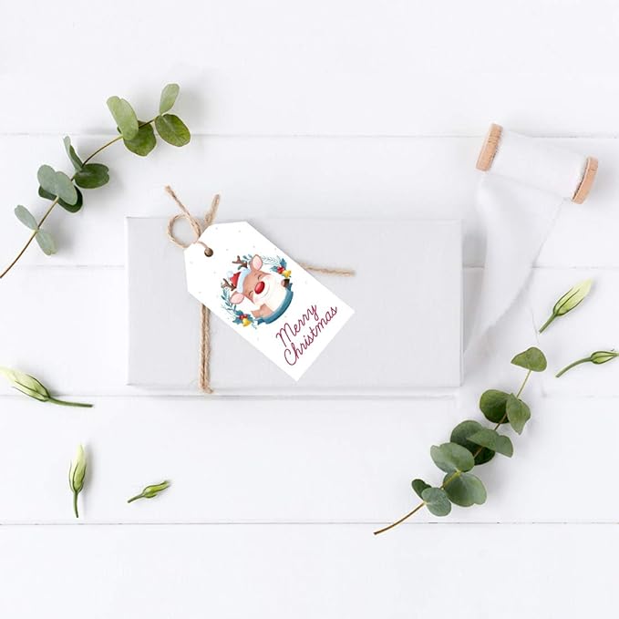 Andaz Press Christmas Holiday Season Classic Gift Tags, Merry Christmas to from Classic Favor Tags, Happy Reindeer with Santa Hat Design, for Holiday Events, Parties, and Favors, 60-Pack