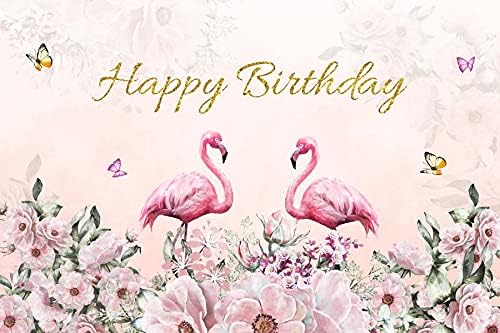 Renaiss 8x6ft Happy Birthday Backdrop Pink Flamingo Theme Birthday Party Photography Background for Girls Daughter Flower Butterfly Cake Table Banner Decor Studio Portrait Pink Photo Props