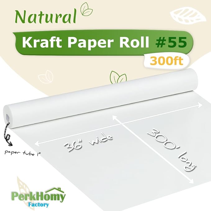 PerkHomy White Kraft Paper Roll 36" x 3,600" (300') for Gift Wrapping Bouquet Flower Art Painting Craft Writing Packaging Shipping 80GSM 55LB (White, 36" x 300')