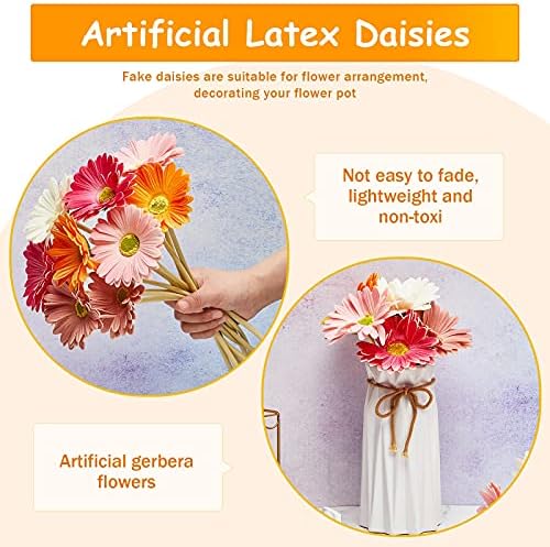 WILLBOND 18 Pieces Artificial Gerbera Daisies Flowers Fake Daisy Faux Boho Daisy Flowers Bouquet 15 in for Boho Birthday Decorations Wedding Home Decor (White,Pink,Yellow,Orange,Rose,Coral)