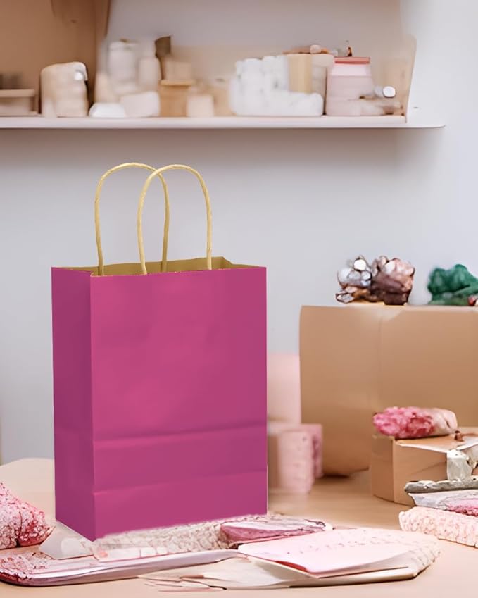 qiqee Large Kraft Paper Bags with Handles 13"x10"x5" 32 pcs Gift Paper Bag Rosy Solid Color Bags（Large Size）