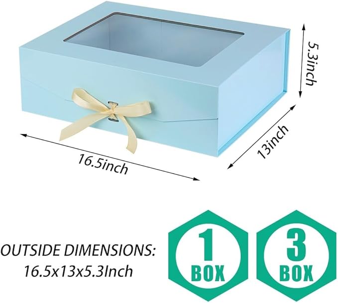 Blue Extra Large Gift Box for Presents with Ribbon 16.5x13x5.3 Inches Clear Gift Box with Window Magnetic Closure Gift Boxes with Lids