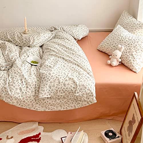 EAVD Garden Style Small Floral Duvet Cover Queen Soft 100% Cotton Chic Shabby Garden Floral Bedding Set with 2 Pillowcases Vintage Style Botanical Duvet Cover with Zipper Closure