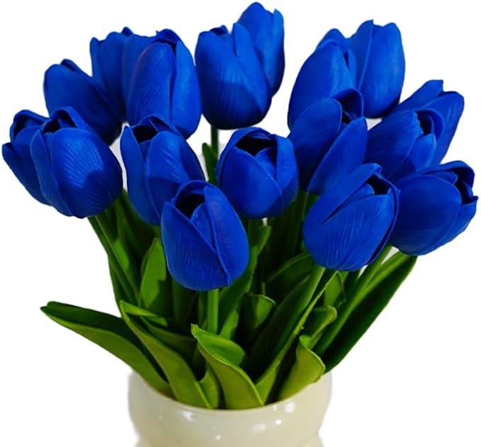 20pcs Blue Faux Tulips Flowers Fake Flowers Bouquets 13.5" Mother's Day Easter Valentine’S Day Gifts in Home Kitchen Wedding Dining Table Decorations Aesthetic No Odor
