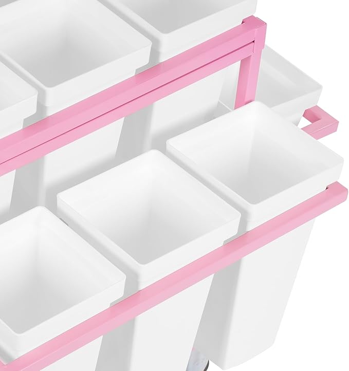 6-Tier Flower Display Stand Indoor Movable Flower Stand with 18 Buckets Plants Display Rack Cart with Wheels Metal Florist Bouquet Stand for Florist Patio Garden,23.62 * 23.62 * 36.61in (Pink)