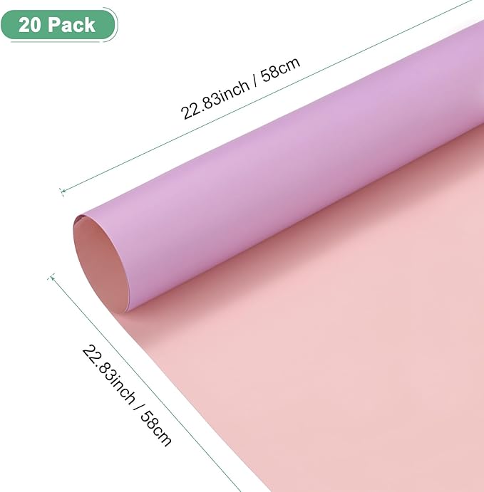 M METERXITY 20 Sheets Flower Wrapping Paper Bouquet, 23 Inch Double-Sided Pink & Purple BOPP Waterproof Floral Wrapping Paper Flower Packaging DIY for Wedding/Party/Gift Bouquet Wrap Paper