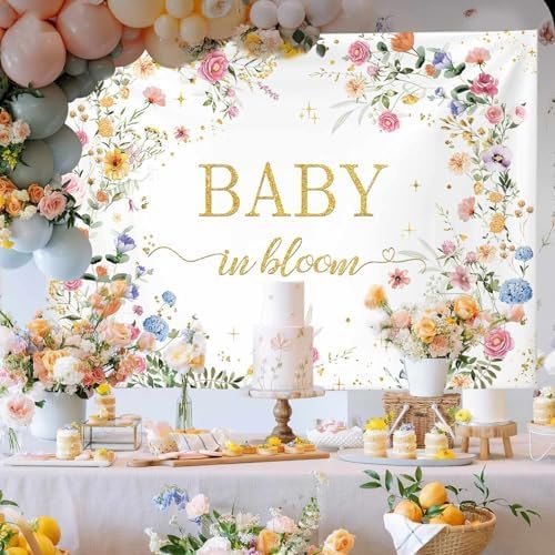 MEHOFOND 7x5ft Wildflower Baby in Bloom Baby Shower Backdrop Decorations, Wildflower Baby Shower Background, Spring Floral Banner Gold Glitter Photography Background Photo Prop 8x6ft