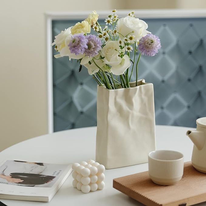 WENSHUO Crinkle Paper Bag Shape Ceramic Vase, Large Capacity for Flower Arrangement, Bookshelf Decorative (Matte Crème)