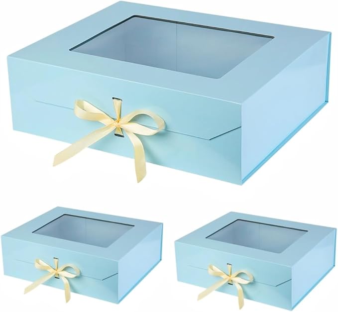3 Pcs Extra Large Blue Gift Box for Presents with Ribbon 19x16x6 Inches Clear Gift Box with Window Magnetic Closure Gift Boxes with Lids