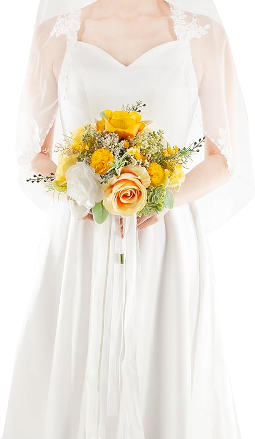 Yellow & White Wedding Bouquets for Bride Bridesmaids, Bridal Bouquet for Wedding Silk Artificial Flowers