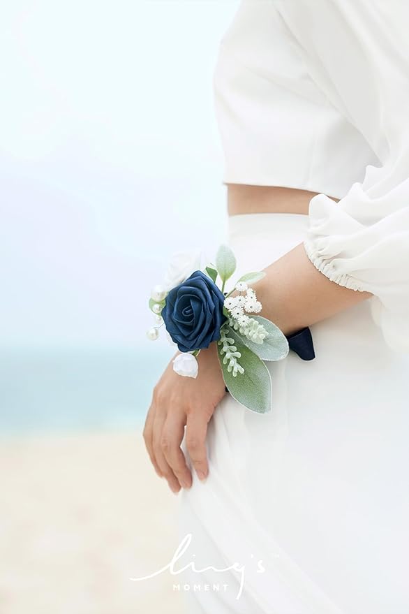 Ling's moment 6pcs Wedding Wrist Corsage Artificial Flowers, Girl/Mother Homecoming Prom Corsages Wristlet Décor, etc. Navy Blue Dark Navy