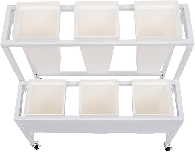 2-Layers Flower Display Stand Metal Flower Display Stand With 6 Pcs Buckets Rolling Plant Stand Flower Cart Moving Florist Bouquet Shelf for Fresh Flower Shop Balcony,Load Capacity 33.07lbs (White)