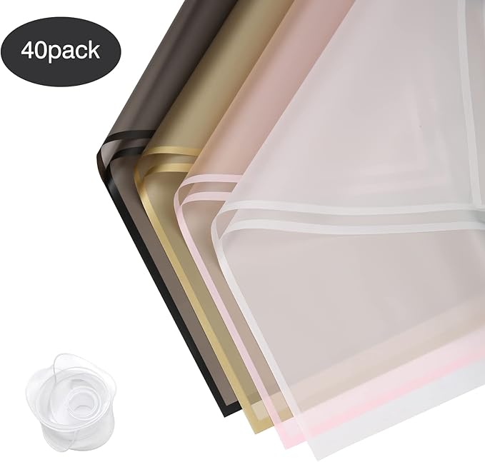 HYSSINOWRAP 40 sheets 4 colors .flower wrapping paper. Flower packaging bouquet wrappingpaperincluding ribbon, 22.8 * 22.8 inches(DARK MIX)