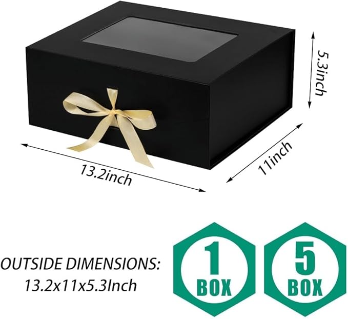 5 Pcs Black Gift Box for Presents with Ribbon 13.2x11x5.3 Inches Clear Gift Box with Window Magnetic Closure Gift Boxes with Lids