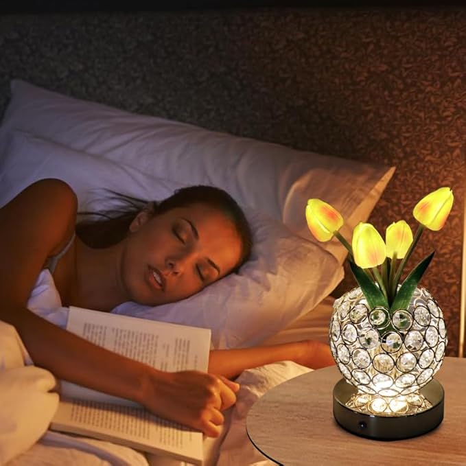Cordless Tulip Flower Lamps, 3 Colors Touch Stepless Dimming Crystal Night Light, Rechargeable Artificial LED Flower with Vase Lamp Romantic Decor for Mothers Day,Xmas,Birthday (Pink)