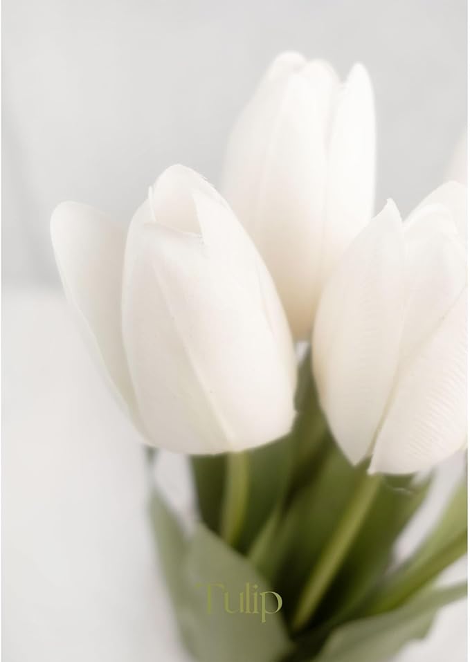 18in Artificial Tulips Flowers, 5 Pcs Real Touch Soft Latex Fake Tulip Flowers with Stems for Spring Bouquet Easter Wedding Floral Arrangement Home Party Office Kitchen Decor - White