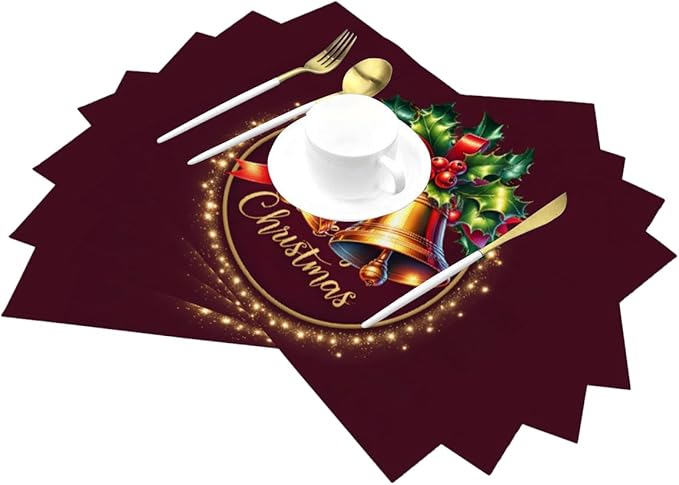 PVC Placemats Set of 1 Wipeable Table Mats Washable Heat Resistant Non Slip Vinyl Dining Table Mat for Kitchen Indoor Outdoor Patio Farmhouse Place Mats Christmas Bell Red Decorative
