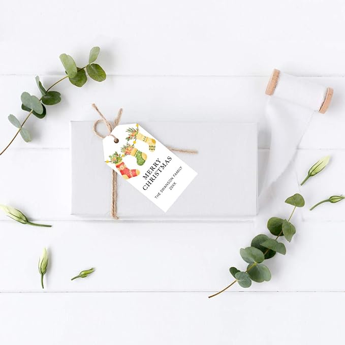Andaz Press Personalized Christmas Holiday Season Classic Gift Tags, Merry Christmas Custom Family Name and Year, Watercolor Vintage Knit Stockings Design, Holiday Events, Parties, Favors, 60-Pack
