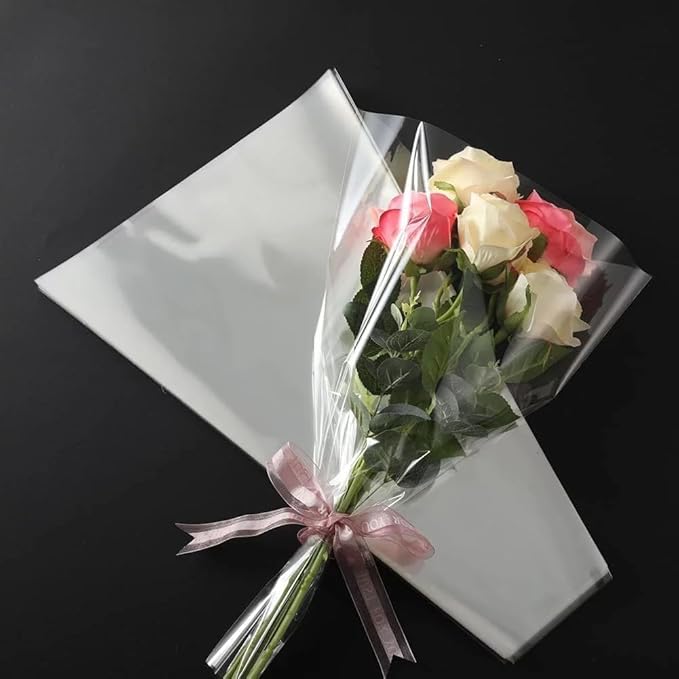 100 Pcs Transparent Flower Packaging Bags,Clear Plastic Flower Bouquet Bag Sleeve Cellophane Bags Rose Packaging Gift Wrap Cellophane for Valentine's Day, Gift Wrap Cellophane Bags