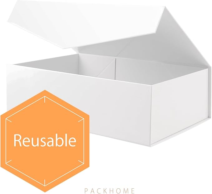 PACKHOME Large Gift Box with Lid 13.5x9x4.1 Inches, Sturdy Collapsible Gift Box with Magnetic Closure (Glossy White)