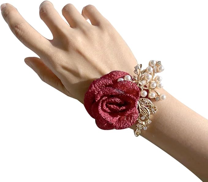 1PCS Wedding Wrist Flower,Bridesmaid Bride Wrist Flower Corsage Decoration Hand Flowers,Wine Red