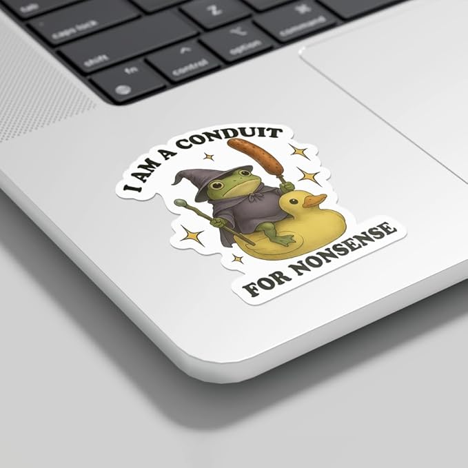 HANDICHI Design 5-Pack 3 Inch Funny Frog Stickers – “I Am a Conduit for Nonsense” Wizard Frog Vinyl Decals – Quirky Meme Sticker Pack for Laptops, Water Bottles, Journals and Scrapbooks