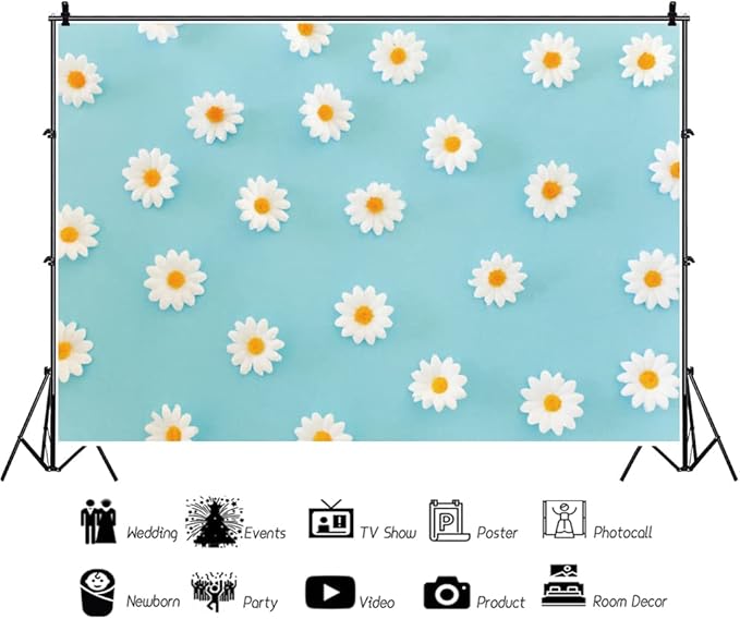 Laeacco Daisy Flower Backdrop for Photography White Floral Blue Photo Background Baby Shower Birthday Party Decorations Cake Table Banner Girls Children Portrait Photoshoot Studio Props 20x10ft Vinyl