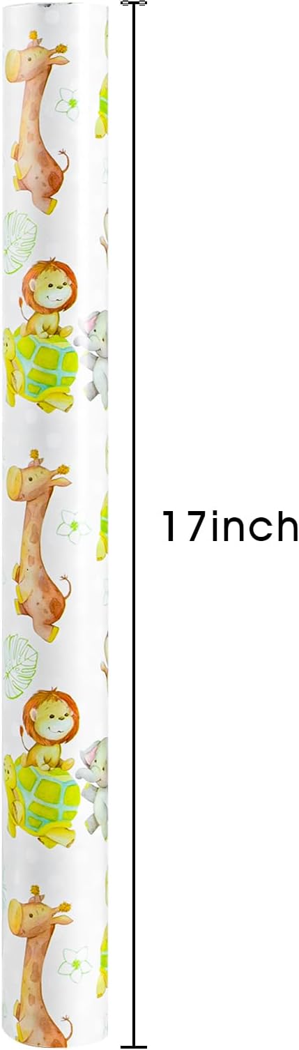 Homeral Baby Shower Wrapping Paper Roll - Cute Animal Design - 17 Inch x 16.4 Feet, Reversible Green Gift Wrap with Lion, Elephant, Turtle, Giraffe, Zebra, Perfect for Baby Boy & Girl Birthday