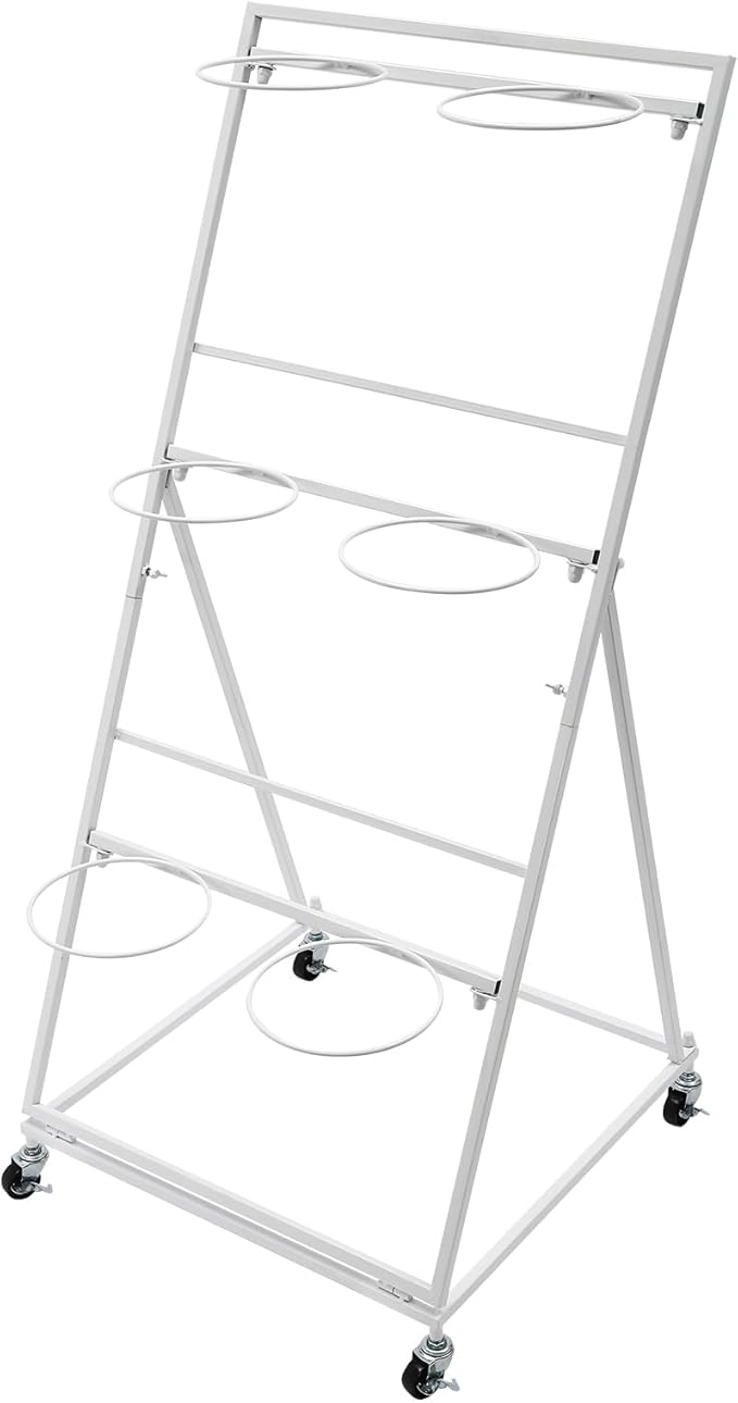 3-Tier Flower Display Stand with 6 Water Buckets – White Iron & PP Plant Rack with 4 Wheels (Brakes) – Floor Standing Flower Organizer for Florist, Wedding, Garden