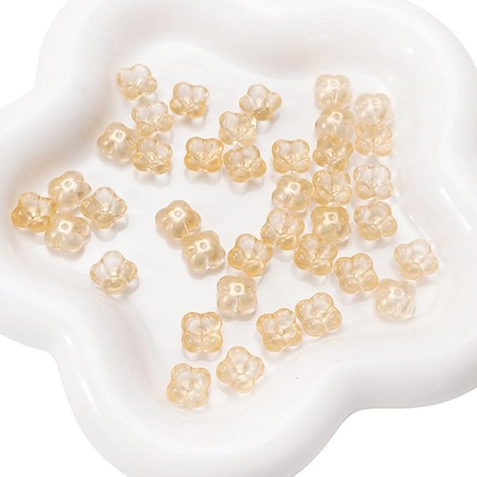 100PCS Glass Flower Beads for Jewelry Making 4 Petal Flower Bead Caps Gradient Cute Floral Beads Aesthetic Charms for Necklace Bracelets Earrings DIY Craft Home Decoration-Gold