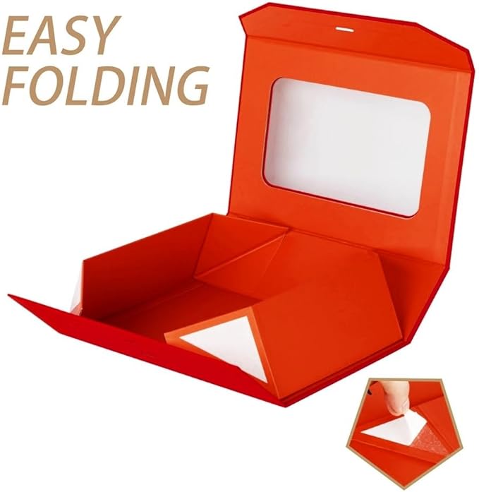 5 Pcs Red Gift Box for Presents with Ribbon 10.8x7.5x3.5 Inches Clear Gift Box with Window Magnetic Closure Gift Boxes with Lids