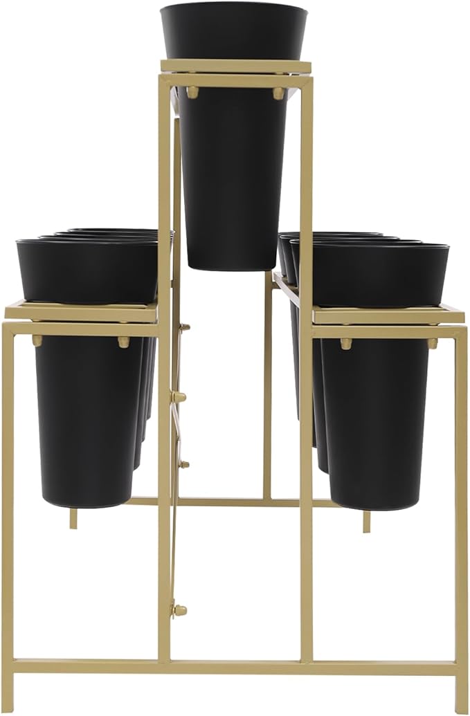 Flower Display Stand with 12 Pcs Buckets 3 Layers Metal Plant Stand Plant Cart Shelf Flower Bucket Rack Stand for Indoor Florist Garden Patio (Gold Stand-Black Round Buckets)