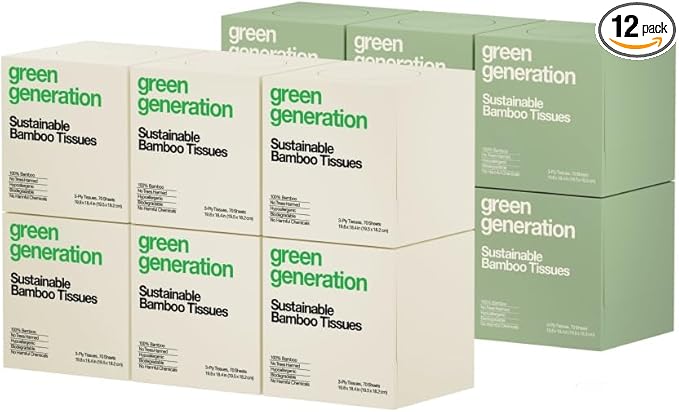 Green Generation Bamboo Facial Tissues Cube Boxes - 3-Ply, 70 Sheets/Box, 12 Multicolor Face Tissue Boxes, 840 Unscented Organic Soft Paper Facial Tissuefor Daily Use - Hypoallergenic,FSC Certified