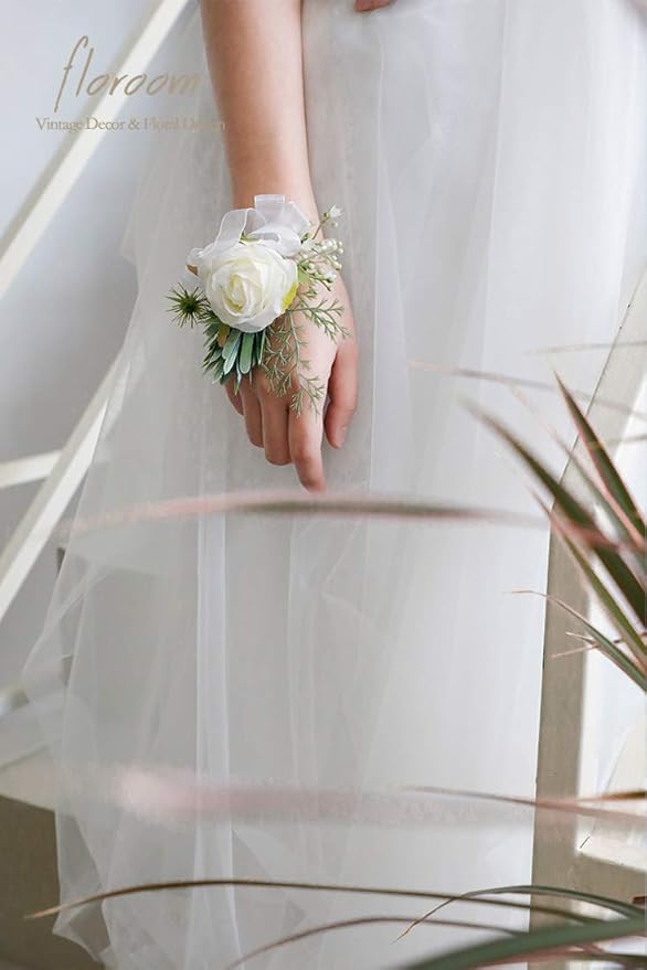 Floroom Set of 6 Ivory Rose Wrist Corsage Wristlet Band Bracelet for Women Bride Bridesmaid White Wedding Prom