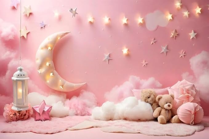 10x6.5ft Pink Cotton Cloud Backdrop Pink Flowers Moon and Stars Light Decor Cute Teddy Photography Background Children Baby Shower Backdrops for Shoot Photo Video Prop