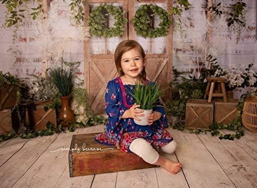 Kate Rustic White Painted Brick Wall Wood Door Photography Backdrops 8x8ft Spring Green Grass and Flowers Photo Backgrounds Baby Shower Backdrop Photoshoot Props