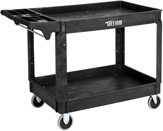 TUFFIOM Plastic Service Utility Cart with Wheels, 550lbs Capacity Heavy Duty Tub Storage Cart W/Deep Shelves, Multipurpose Rolling Extra Large 2-Tier Mobile Storage, for Warehouse Garage Industrial