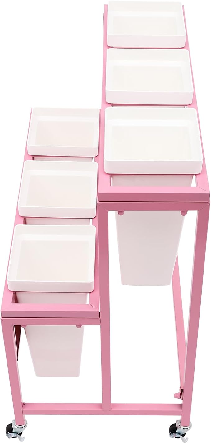 2-Layers Flower Display Stand Metal Flower Display Stand With 6 Pcs Buckets Rolling Plant Stand Flower Cart Moving Florist Bouquet Shelf for Fresh Flower Shop Balcony,Load Capacity 33.07lbs (Pink)