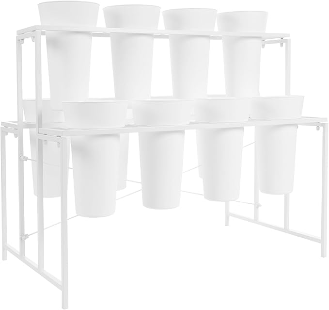 Flower Display Stand with 12 Pcs Buckets 3 Layers Metal Plant Stand Plant Cart Shelf Flower Bucket Rack Stand for Indoor Florist Garden Patio (White Stand-White Round Buckets)