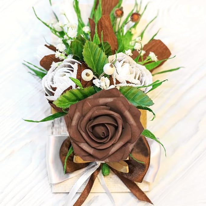 Artificial Flowers, Artificial Rose 100pcs for DIY Wedding Bouquets Centerpieces Arrangements, Brown Foam Roses with Stem for Bridal Shower Party Home Decorations