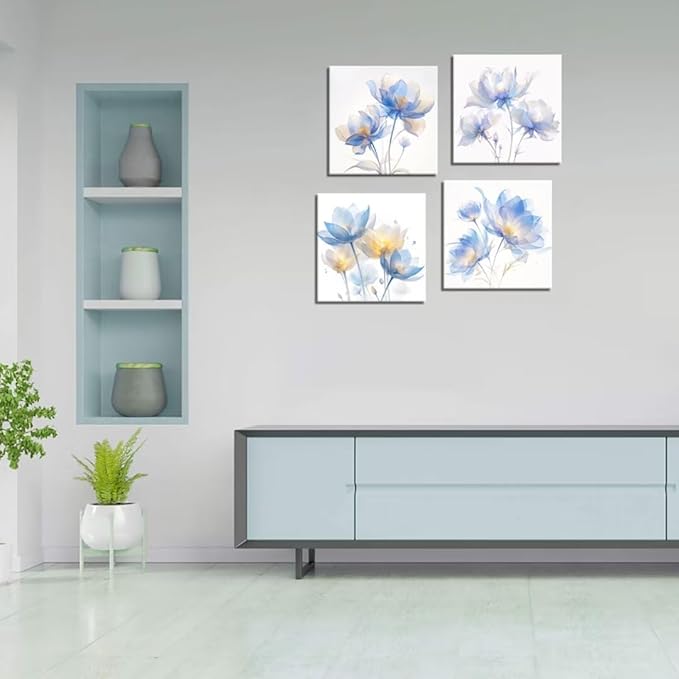 Pankila Blue Flickering Flower Abstract Canvas Wall Art Floral Poster Modern Flowers Pictures Wall Decor for Living Room Bedroom Bathroom Home Decorations Framed Artwork (20''W x 20''H x 4)