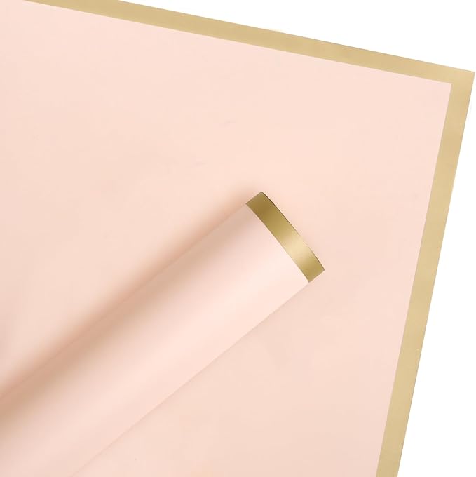 WRAPAHOLIC 20 Sheets Flower Wrapping Paper - 22.4 x 22.4 inch Gold Trim Rose Pink Water-Resistant Floral Bouquet Wrapping Paper, Florist Supplies Packaging Paper for Wedding Birthday Gift DIY