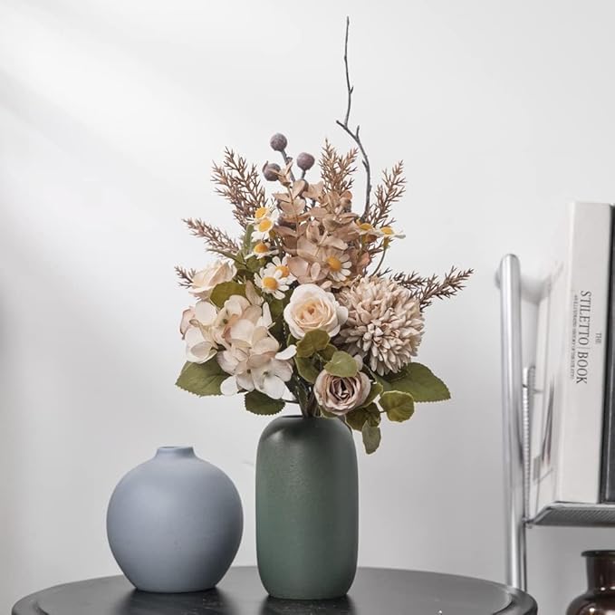 12-inch Small Fake Silk Flowers Fall Bouquet Faux Centerpieces with Roses, Dandelions, Hydrangea, Daisies, Hollyberries - Realistic Artificial Floral Arrangements for Home Kitchen Decor
