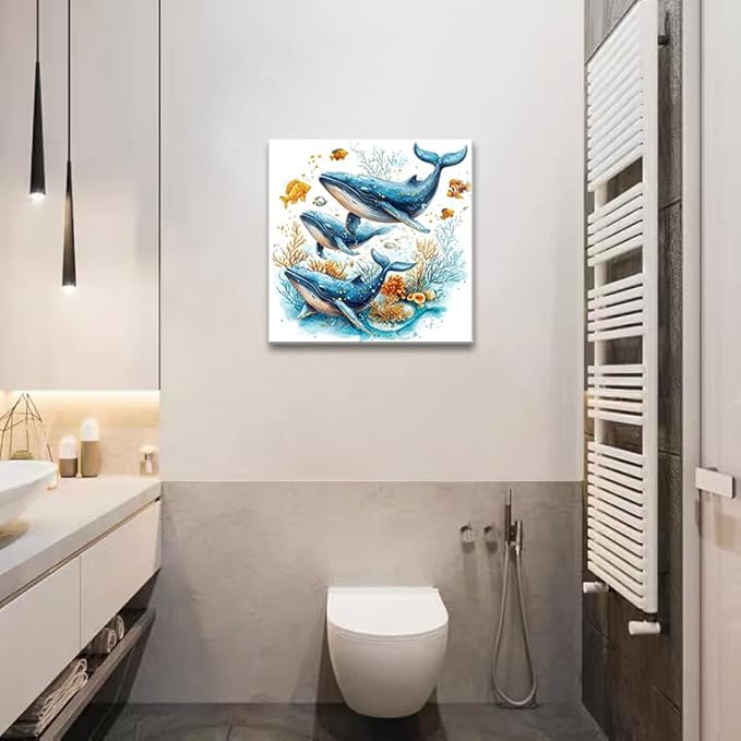 dgbtcart Ocean Wall Art Bathroom Decor – Watercolor Sea Turtle, Starfish Whale Canvas Prints – Coastal Beach Themed 4-Piece Set, 16x16 Modern Nautical Painting for Home, Bedroom, Kids Room