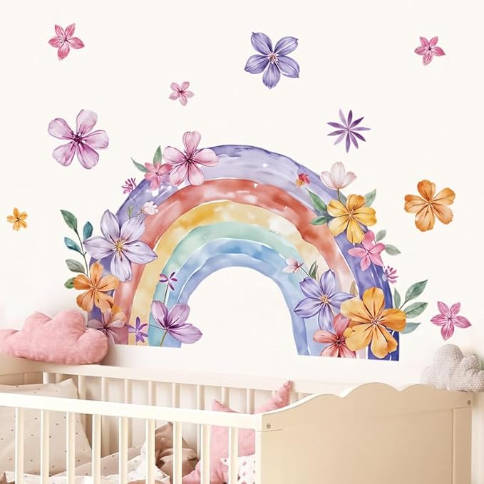 Rainbow Wall Decals & Flower Wall Decals – 2 Sheets Large Wall Stickers for Living Room, Bedroom, Nursery, Kids Playroom – Easy Peel & Stick, Waterproof, Removable Rainbow Christmas Decor