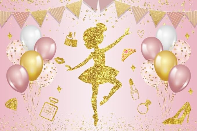 Renaiss 8x6ft Ballerina Princess Backdrop Pink Gold Shiny Elegant Fairy Ballet Dancer Photography Background for Girl Baby Shower Birthday Party Decor Banner Photo Studio Props