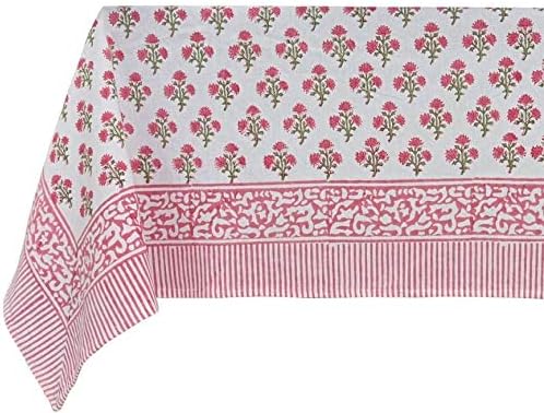 ATOSII Gulbahar White Pink 100% Cotton Fall Rectangle Tablecloth, Handblock Print Floral Table Cloth for Kitchen Dining Linen I Thanksgiving Christmas Weddings Outdoors I 72 X 108 Inches I 8 Seater