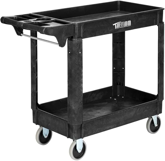 TUFFIOM Plastic Service Utility Cart with Wheels, 550lbs Capacity Heavy Duty Tub Storage Cart W/Deep Shelves, Multipurpose Rolling 2-Tier Mobile Storage Organizer, for Warehouse Garage Industrial