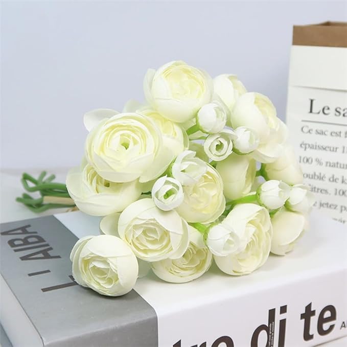 Ranunculus Artificial Flower, 24Pcs Faux Silk Mini Ranunculus Flowers Bulk Fake Wedding Filler Flowers for DIY Bouquet Centerpieces Arrangements Bridal Shower Decorations (Ivory)